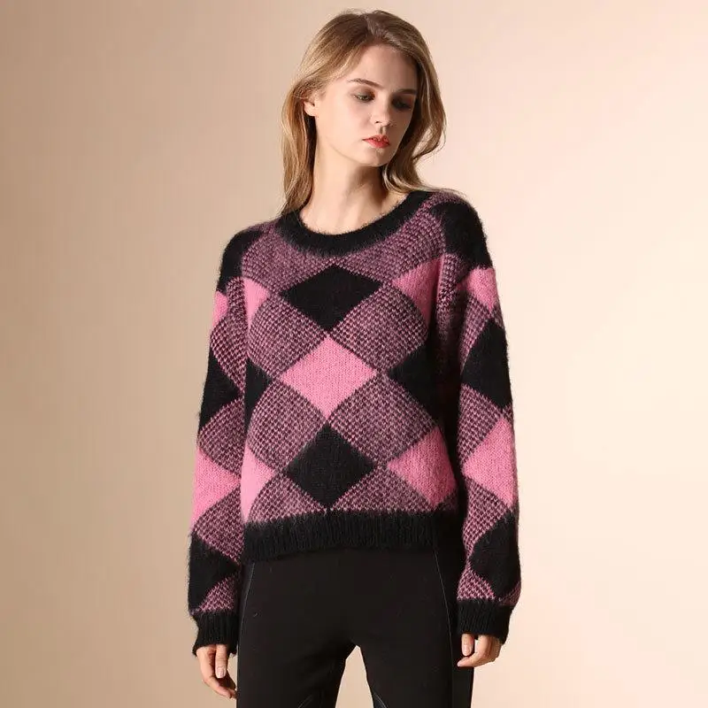 Emily In Paris Same Vintage Pullover Wool Knitted Loose Sweaters Pink Black Plaid Long Sleeve Women 2023 Spring New Top