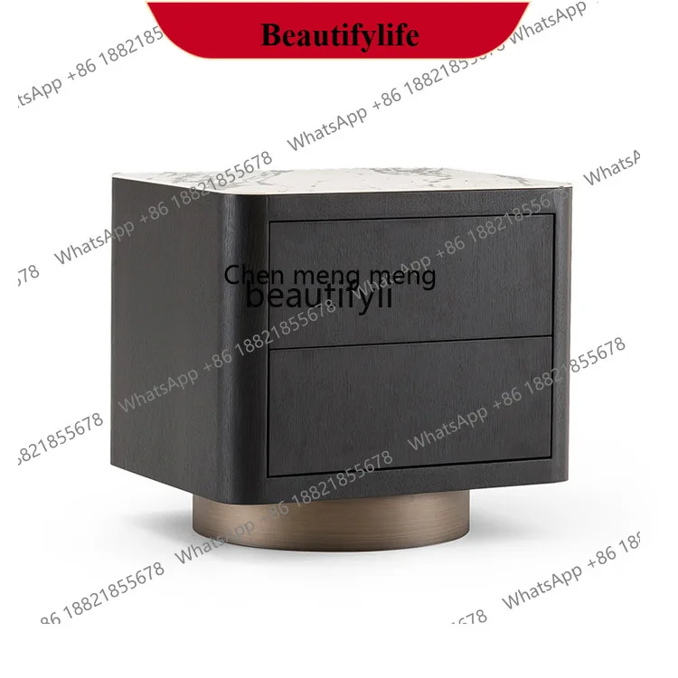 D178 Italian Minimalist Style Sintered Stone Solid Wood Bedside Table Smoky Color Light Luxury Nordic Bedroom Storage Cabinet