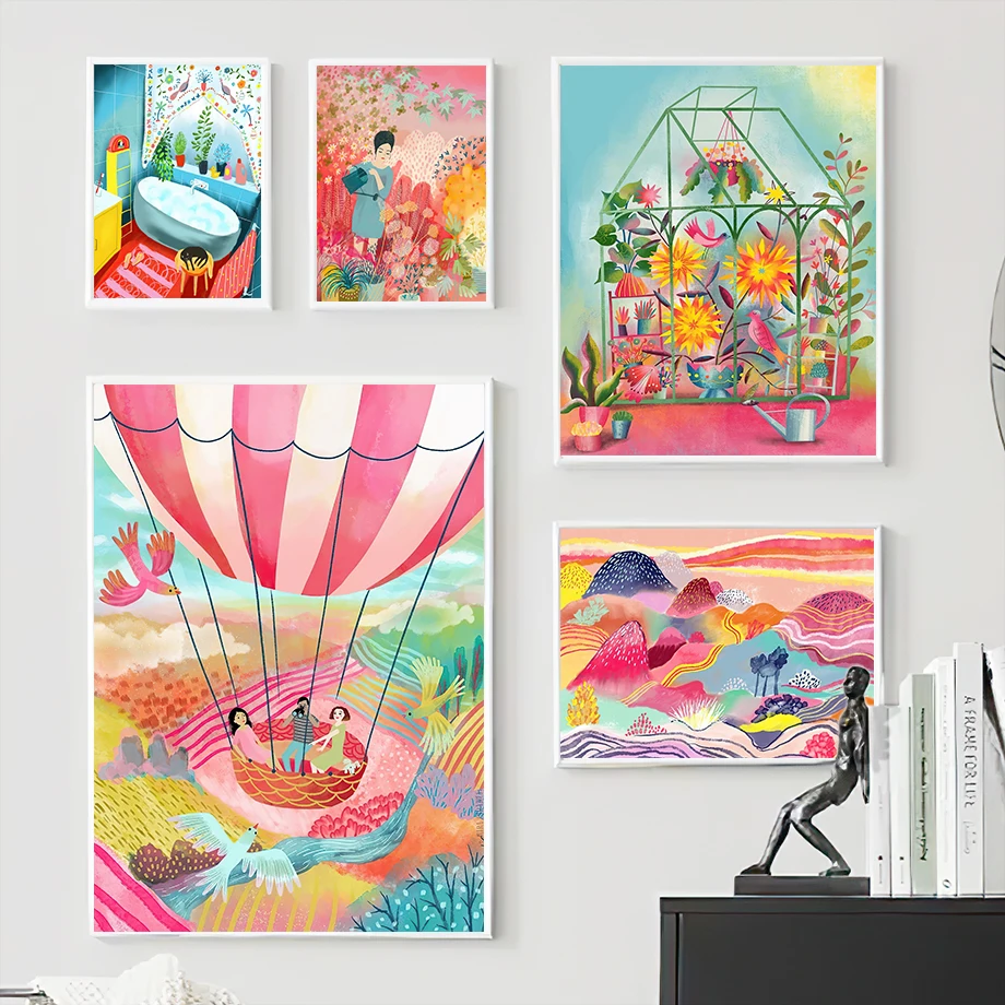 Colorful Boho Wall Art Canvas Print Floral Woman Hot Air Balloon Scenery Abstract Posters Home Decor for Living Room Bedroom