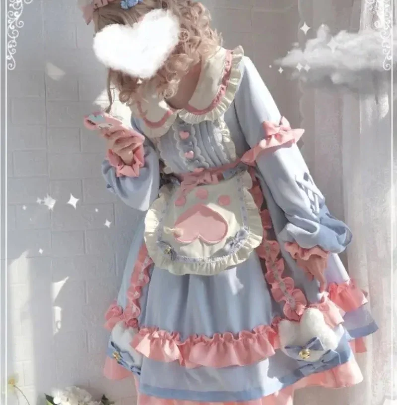 MAGOGO-vestido Lolita OP para mulheres, bonito azul e rosa, babados arco avental, vestidos de manga comprida, vestido kawaii para meninas