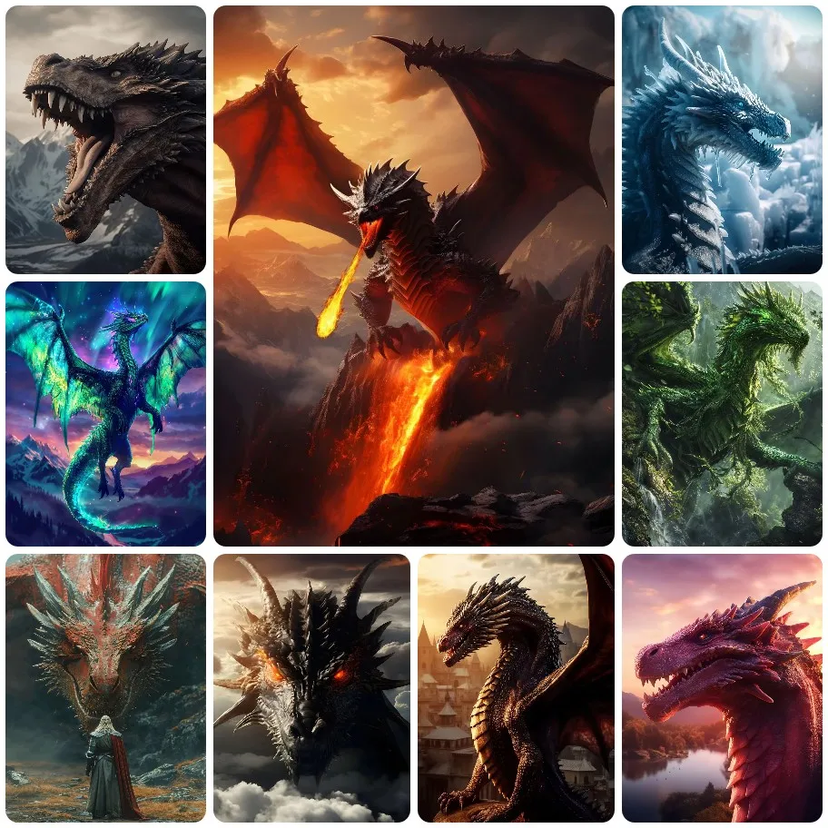 5D DIY Multi Colored Western Dragon Diamond Painting, Fantasy Medieval Beast Scenery for Living Room Decor & Gift