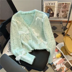 Women's Soft Glutinous Mint Green Sweater Cardigan 2023 New Autumn Korean Bow Pearl Single Breasted V-neck Sweater Sweet Coat