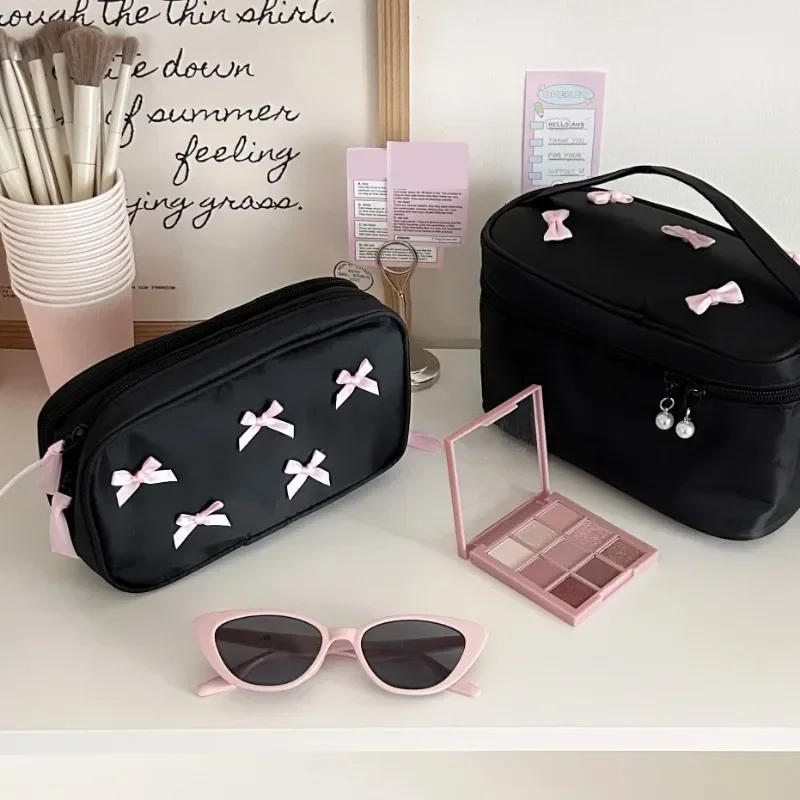 1PCS Cream Pink Bow Makeup Bag Women\'s 2024 Black Large Capacity Travel Wash Beauty Cosmetic Storage Bag Student Pencil Case