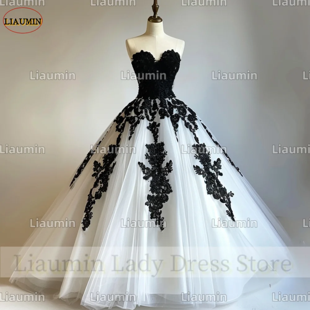 

Classic White Tulle Black Lace Applique Ball Gown Strapless Prom Formal Wedding Dresses Evening Lace Up Back Custom Made A4-12.1