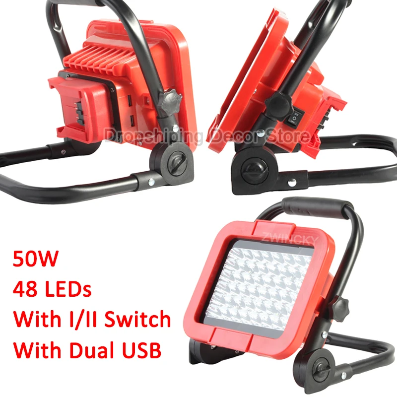 48 LEDs Cordless Flood Light For Makita/Dewal/Milwaukee 18V Li-ion Battery Camping Hiking Jobsite Emergency Light With Dual USB