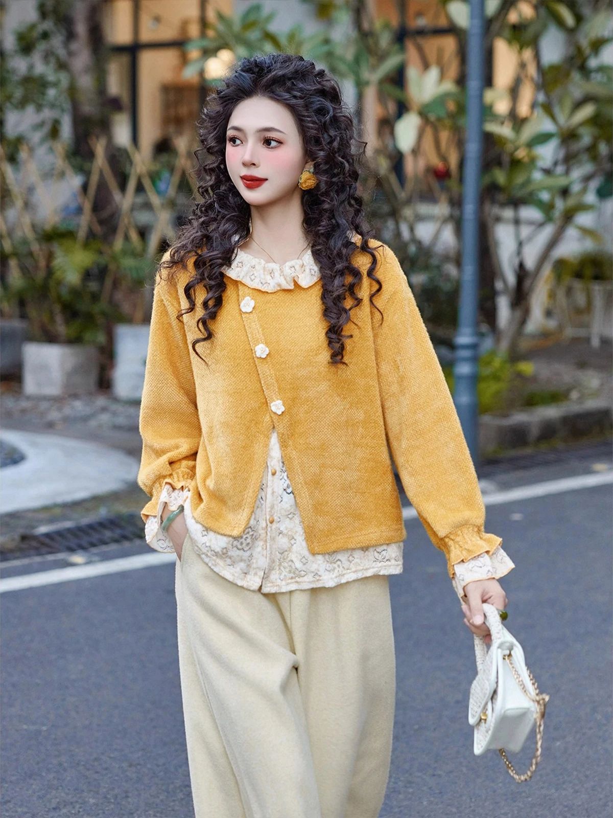 

Lace Long Sve Knitted Sweater Lazy Gentle Sle Autumn Winter New Arrival Cute Small Size Aosphere Top Women's Faion