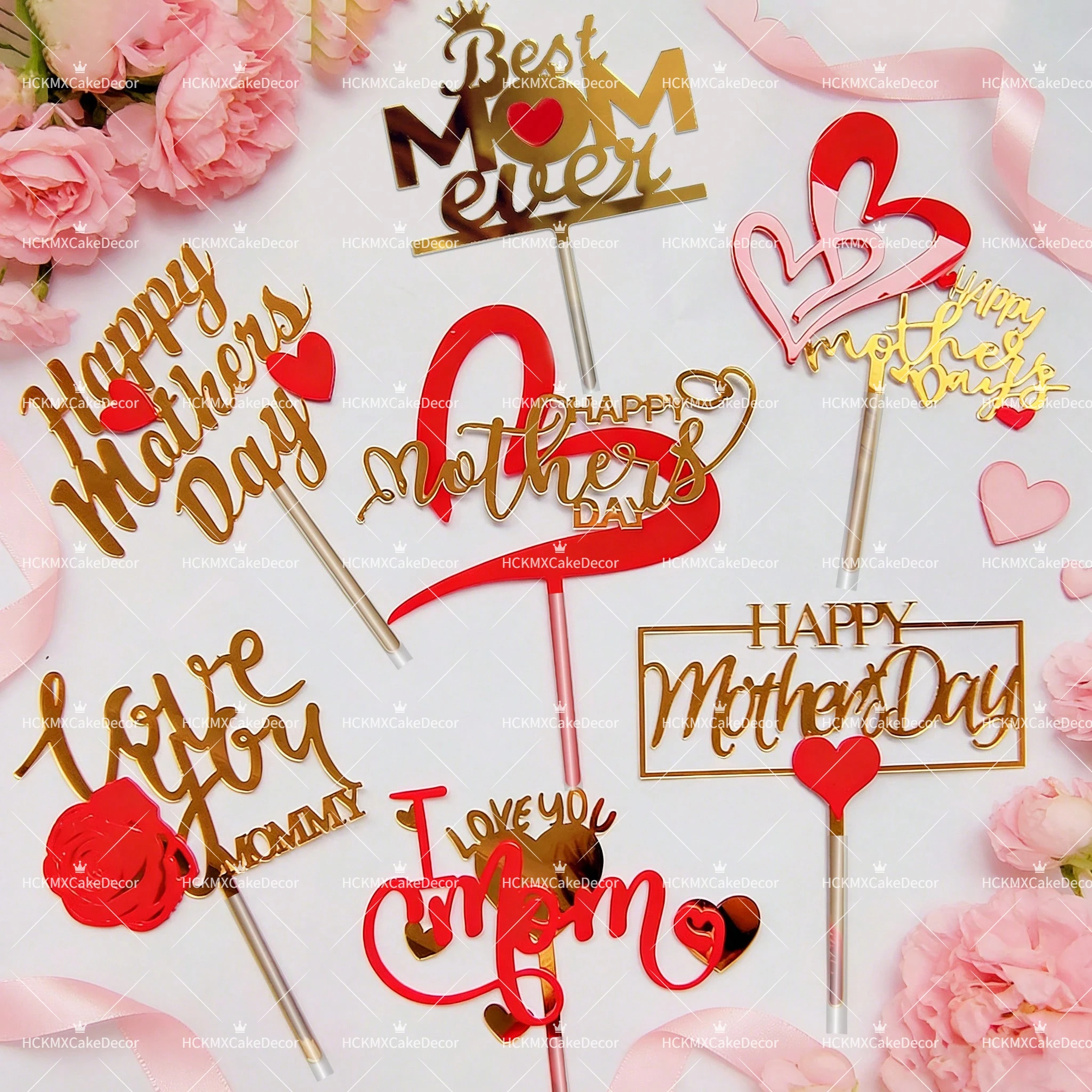3pcs Happy Mothers Day Acrylic Cake Topper Set Gold Red Heart Cake Decor for Mothers Day Birthday Party Supplies