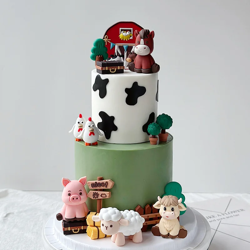 Farm Critters Cake Topper Yaks Ponies Sheep Piglets Chickens Farm Greenhouse Wooden House Boy Girl One Birthday Cake Decorations