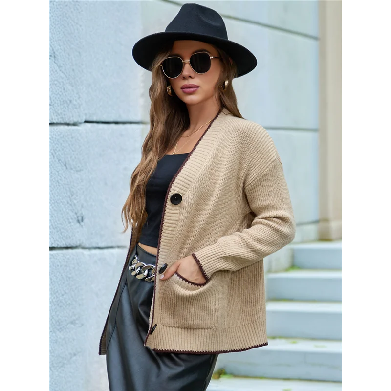 AD30-سترة نسائية بأكمام طويلة وكتلة ألوان وزر خريفي للأسفل معطف كاجوال ناعم منسوج مع جيب #2