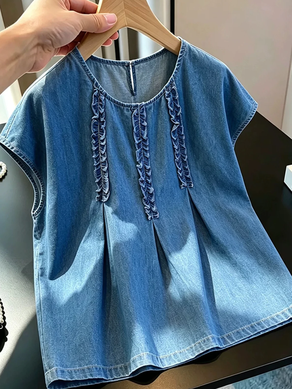 

plus Size Women's Denim Shirt Summer Short Sleeve Patchwork Casual Fashion Top Wooden Trim Loose Fit Korean Style