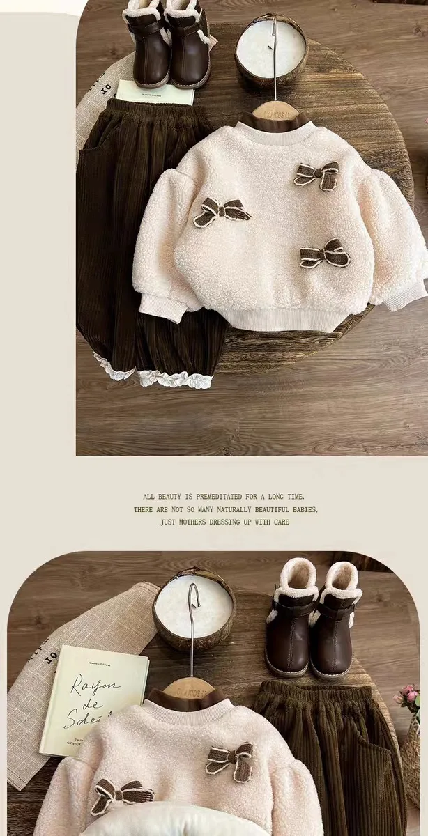 2026 Herbst Winter Dicke Warme Kleidungssets für Babymädchen Schleife Lammwoll-Sweatshirt + Cordhose 2-teiliges Kinder-Outfit Süße Lässige Freizeitkleidung – Detail 3