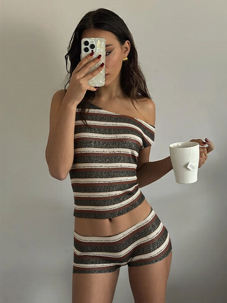 Weird Puss Stripe Women Casual 2 Piece Set Tracksuit Summer Skew Collar Crop Tops+Shorts Matching Streetwear Stretch Skinny Suit
