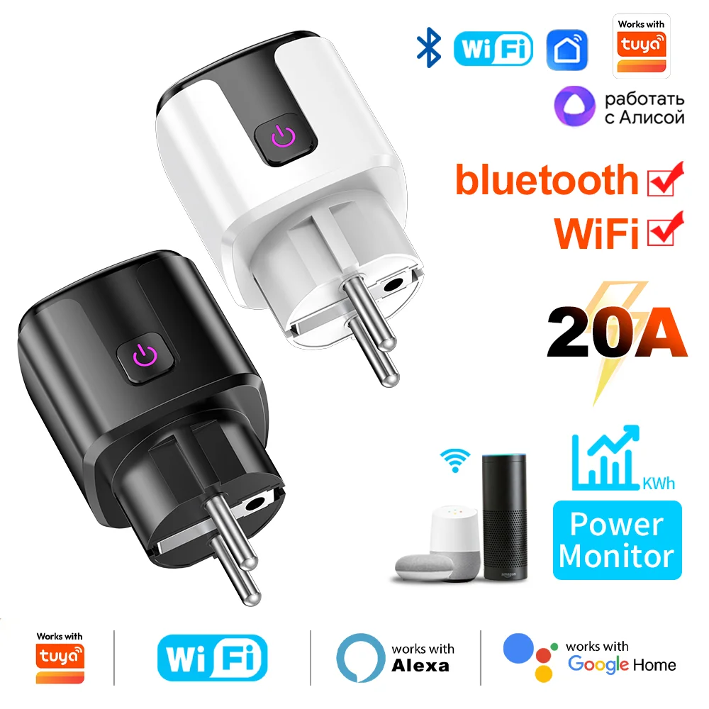 WiFi & Bluetooth Smart Socket 20A EU Plug With Power Monitoring Timing Function Voice Control work With Tuya Alexa Google Home