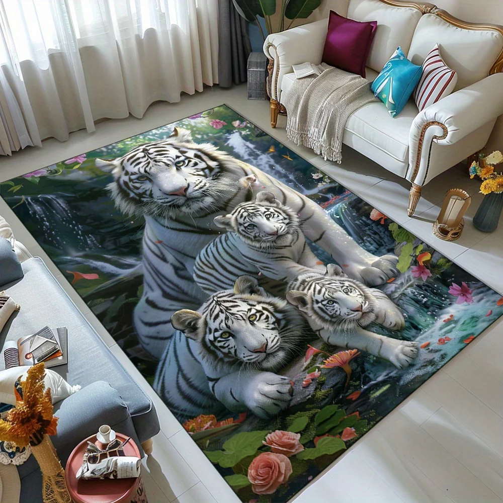 

White Tiger Family Print Area Rug, Majestic Tigers in Tropical Forest Non-Slip Floor Mat for Living Room Bedroom, Wildlife Home