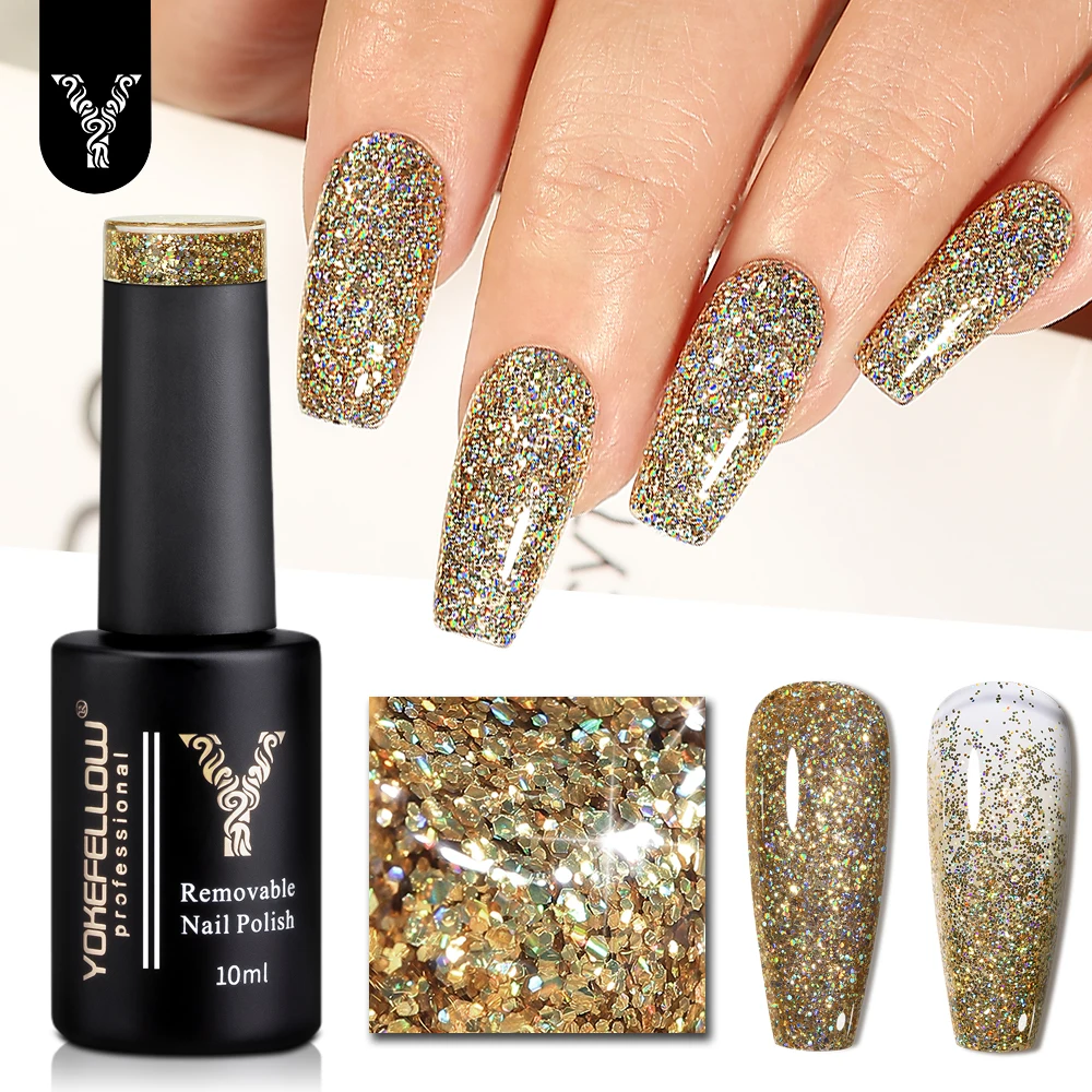 

YOKEFELLOW Glitter Gel Nail Polish 10ml LX07 Gold Sparkly Gel Polish Shiny Glitter Soak Off UV Gel for Nail Art DIY Gift women