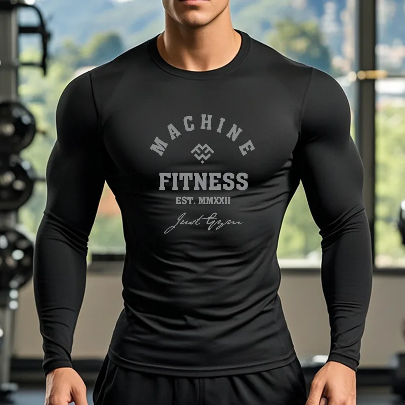 Machine Fitness Mens Casual Long Sleeve Sports T-Shirts Autumn Anti-Wrinkle Gym Workout Muscle Clothing Lightweight Tight Shirts