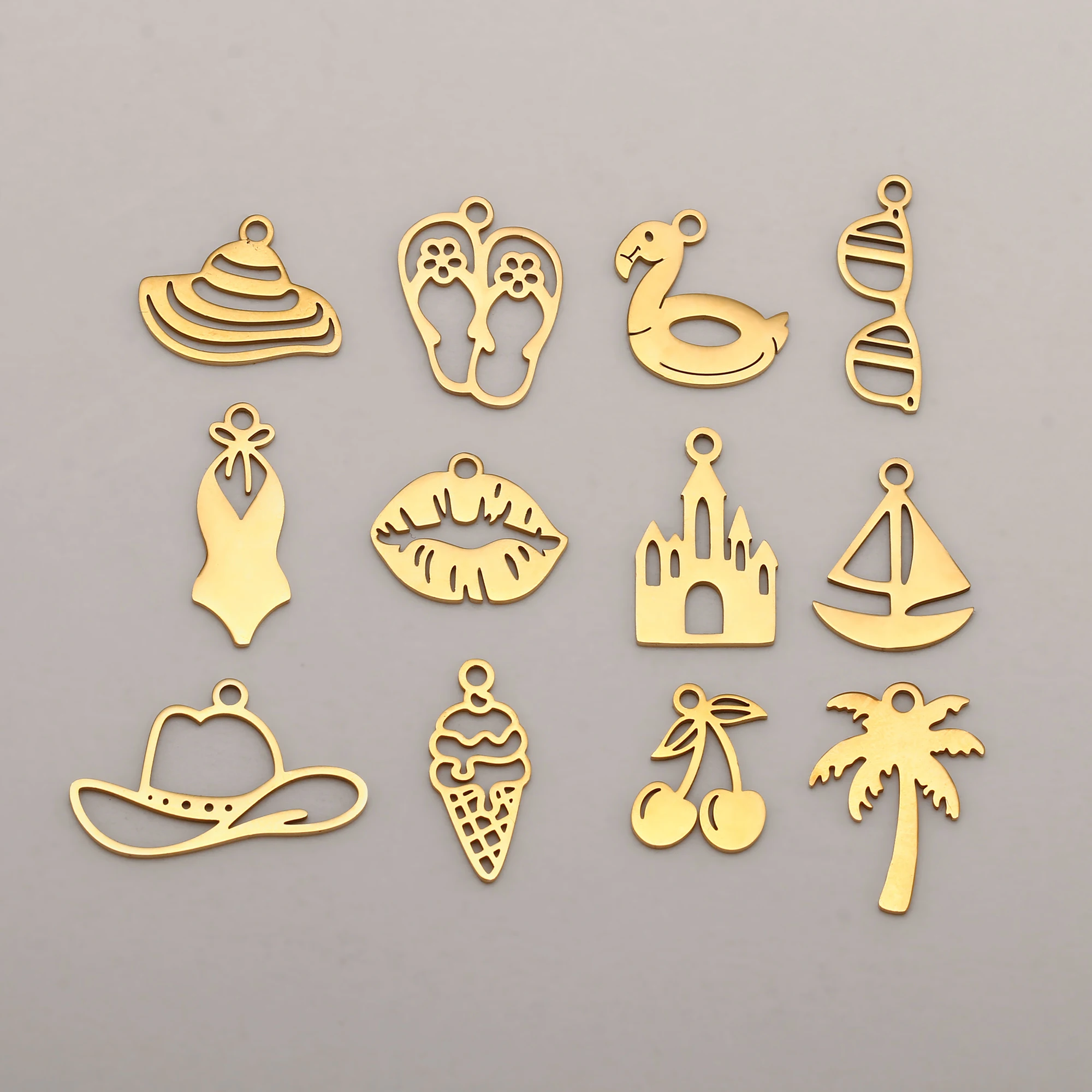 5Pcs Fashionable Hat/Swim Ring/Sexy Kiss Charms Stainless Steel Summer Waterproof Pendant DIY Necklaces Bracelets Jewelry Making