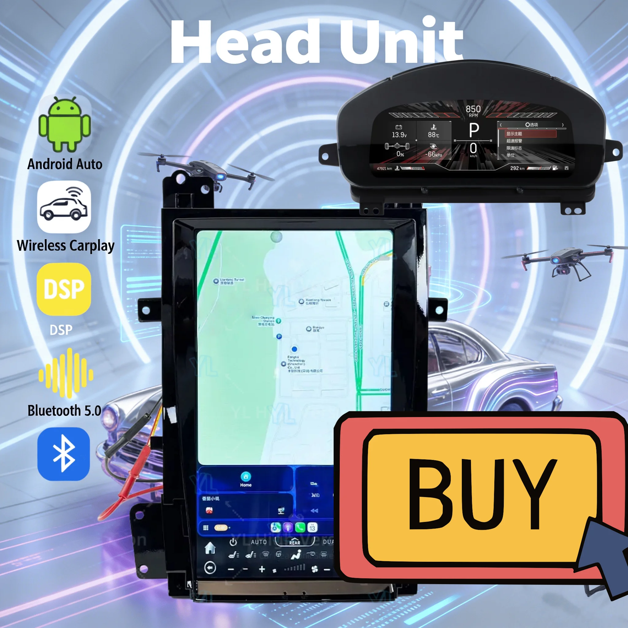 

13,6-дюймовый сенсорный автомобильный радиоприемник для Cadillac Escalade 2004-2017 с Android, GPS-навигацией, 4G, мультимедийным стереоприемником и головным устройством