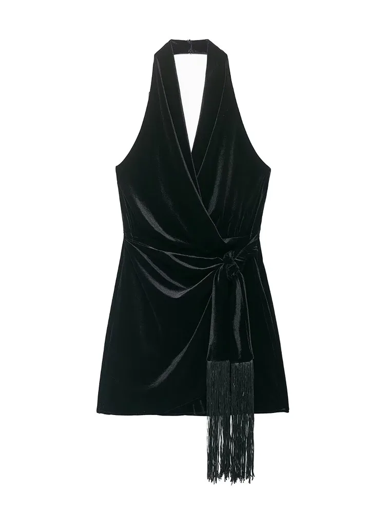

HH Women Chic Fringed Velvet Short Dress Sexy Sleeveless Backless Halter Dress Female Summer Solid Slim Elegant Party Mini skirt