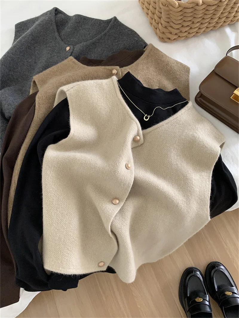 

Knitted Sweater Vest Women's Loose round Neck Korean Style Versatile Slimming Autumn Winter Layering Long Sleeve Top
