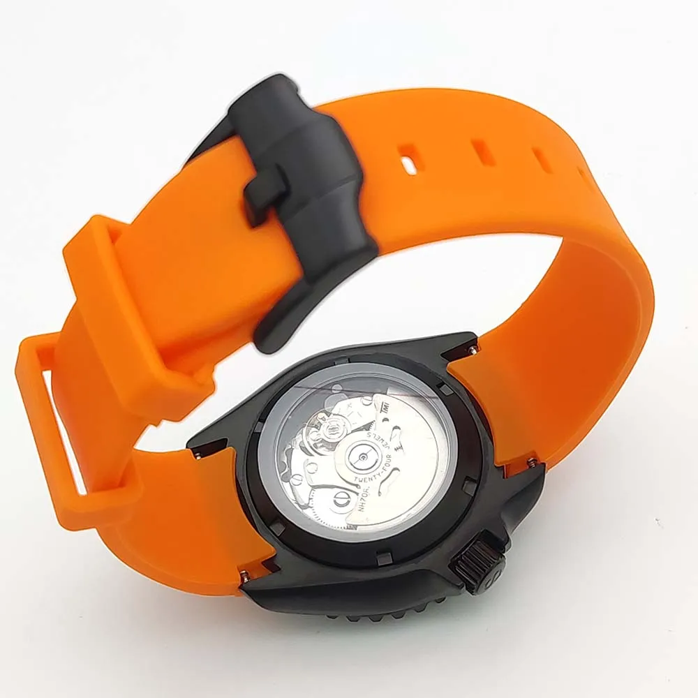 Men's Automatic Mechanical Watch Sapphire Glass NH70 Movement Stylish Skeleton Dial Single Rotating Bezel Men's Orange Watch