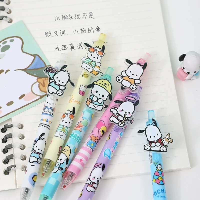 Imagem -04 - Sanrio 24 48 Peças Canetas de Gel dos Desenhos Animados Pochacco Acrílico Remendo Imprensa Caneta Tinta Preta 0.5 mm Estudante Material Escolar Bonito Crianças Prêmios