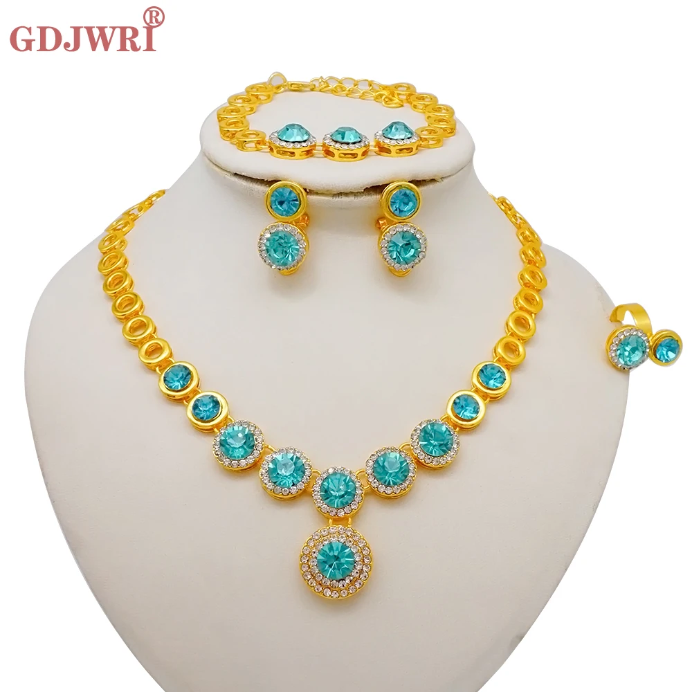 Luxus Dubai Gold Farbe Doppels chicht Halskette Schmuck Sets für Frauen afrikanischen Wasser tropfen Kristalls chmuck indischen Set Geschenke – Detail 23