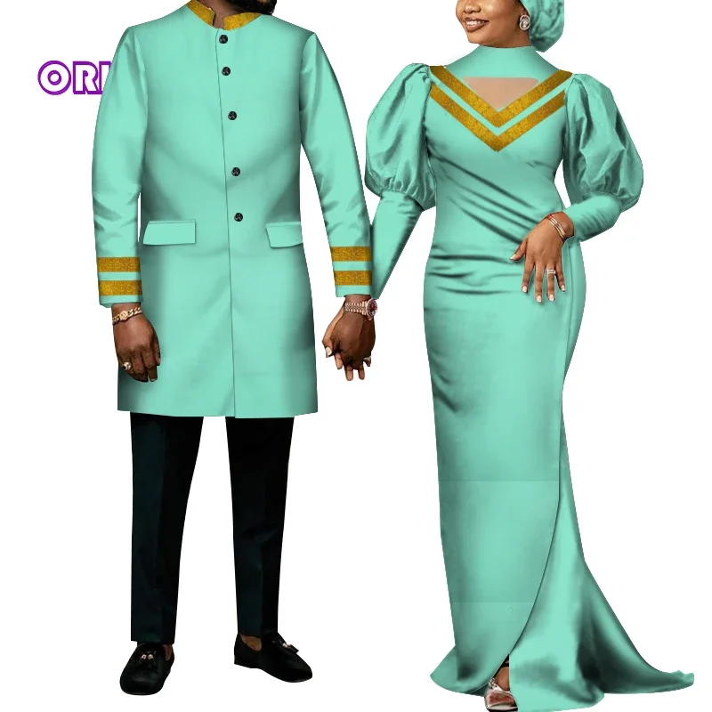 2 Pieces Set Couple Traditional African Clothing Long Men Shirt Women Maxi Dress for Party African Clothes for Couple WYQ713