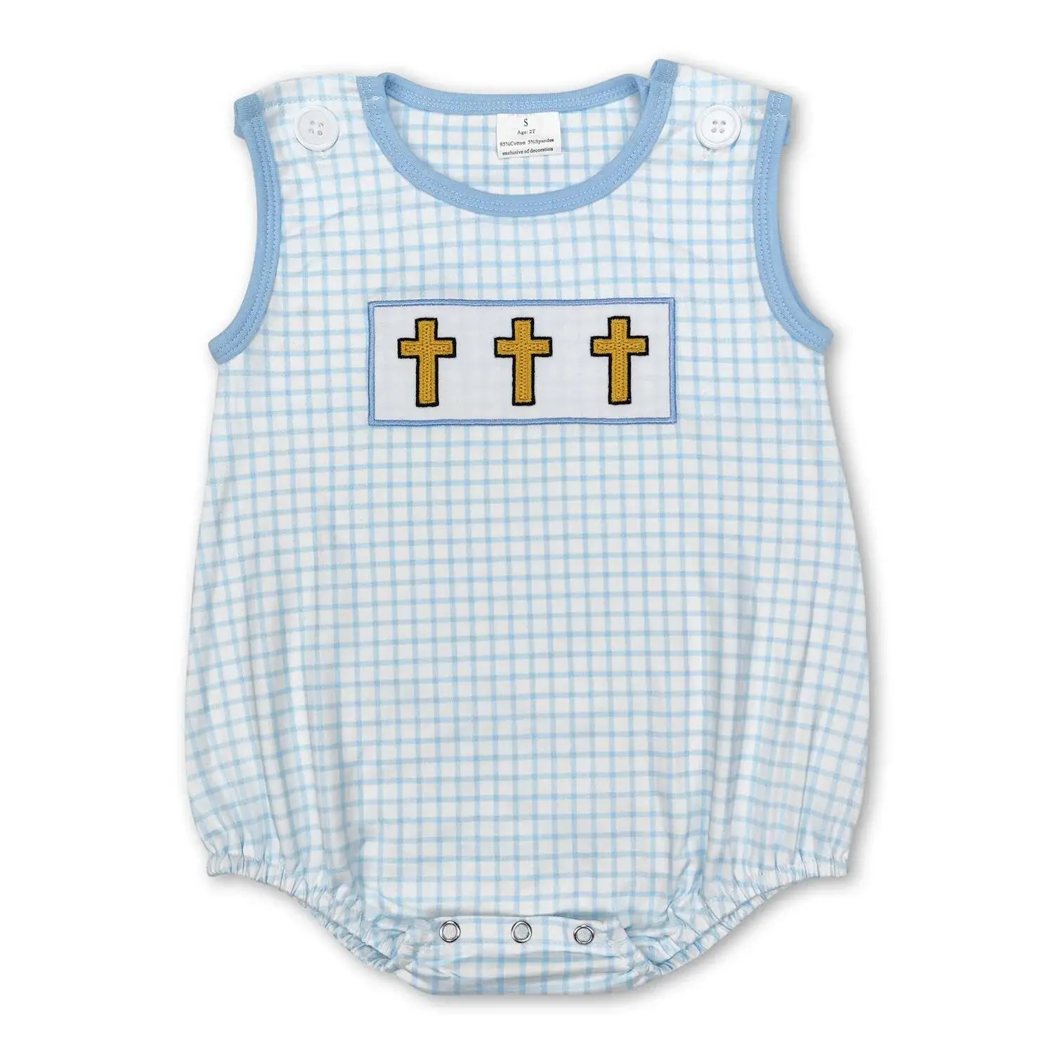 

Light Blue Plaid Embroidery Baby Boys Romper Sleeveless Checkered Easter Cross Design Infant Outfit for Boys