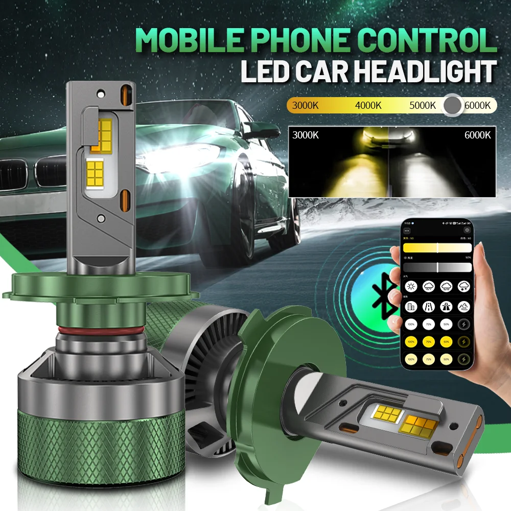 

HYNBYZJ H7 LED Headlight AI Mobile APP Control 1500W 3000K-8000K Smart LED Chip High Power for H4 H7 9005 9006 Car Accessories