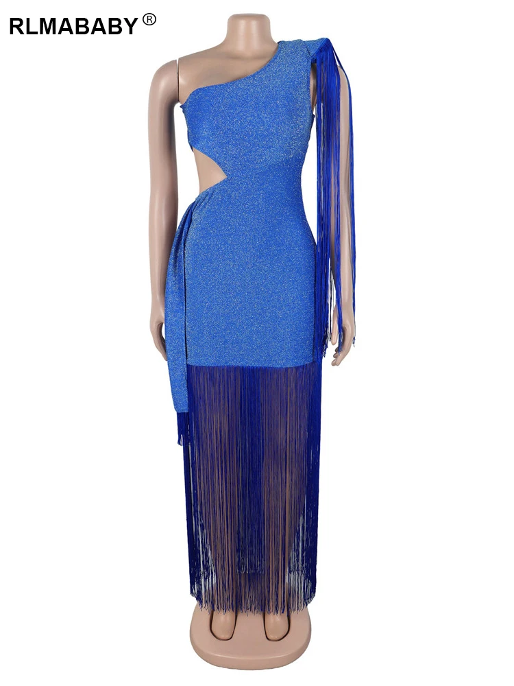 RLMABABY エレガントな赤いワンショルダータッセルガウン セクシーなシースロングドレス レディース カジュアル バックレス カットアウト クラブ パーティー マキシ ボディコンドレス