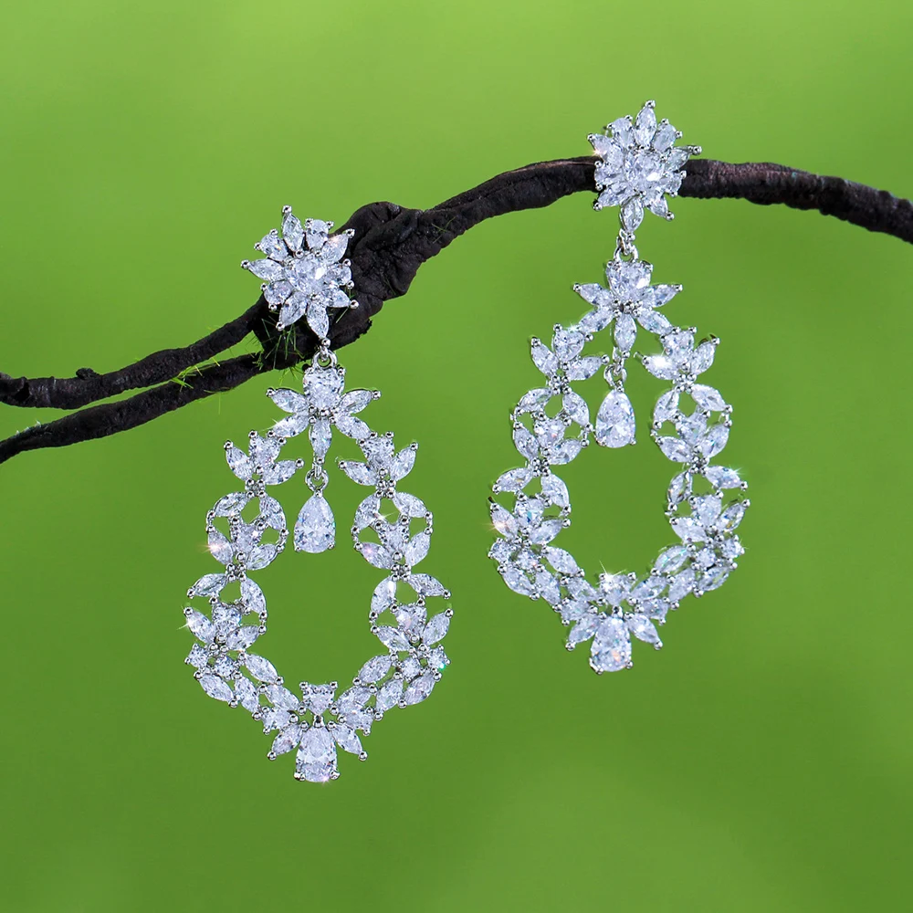 CWWZircons Fancy Sparkling Cubic Zirconia Setting Long Flower Drop Big Size Earring for Women Vintage Design Party Jewelry E0030