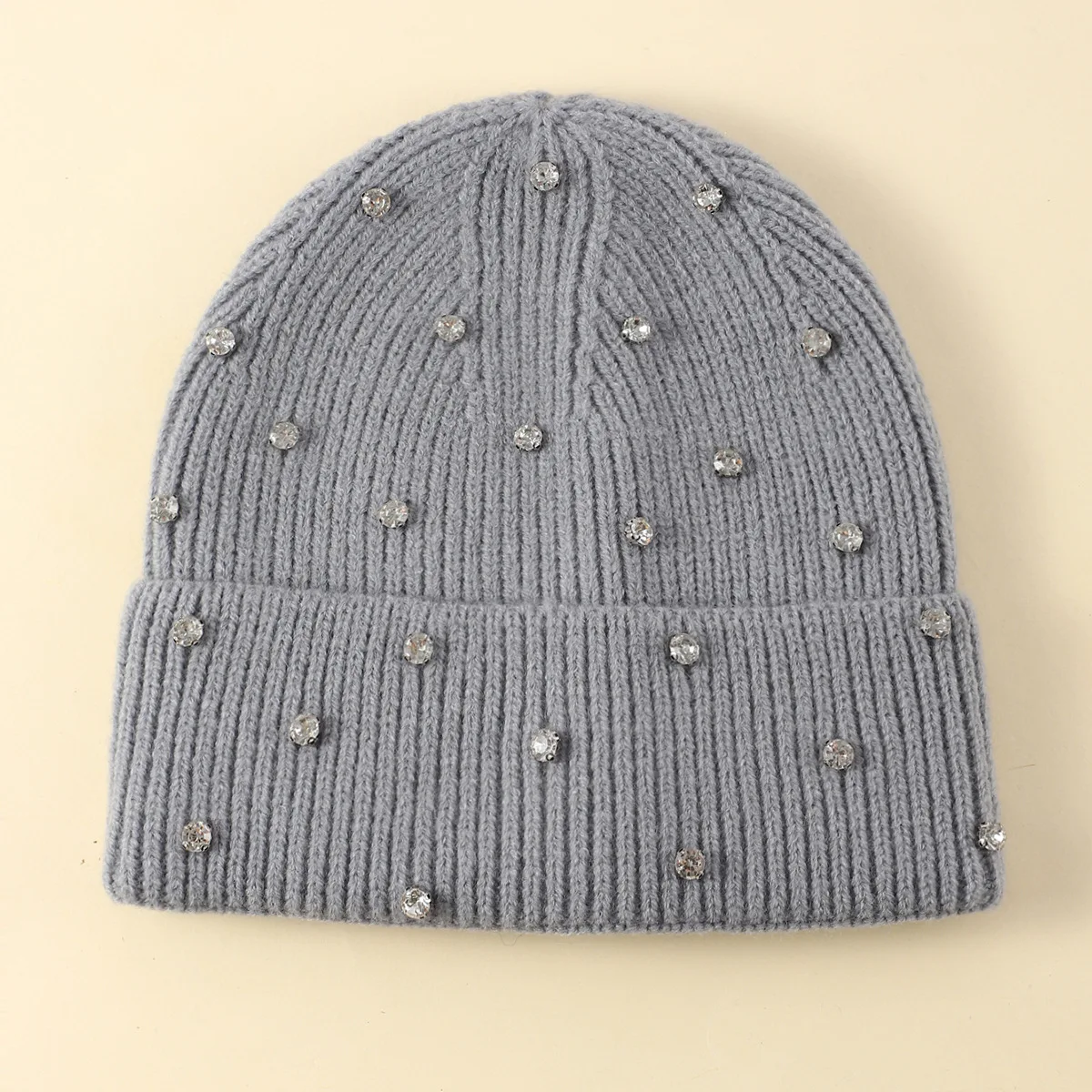 Winter Gestrickte Beanie Frauen Mode Strass Perlen Stricken Hüte Damen Casual Skullies Kappe Weibliche Einfarbig Casual Knochen – Detail 10