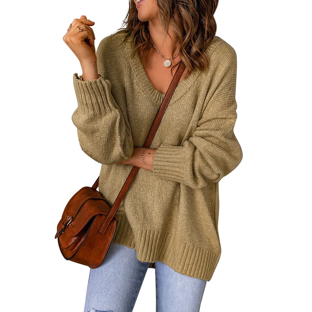 

Shiying Khaki Rib Trim Large Silhouette Sweater Loose V-neck Pullover 2722248