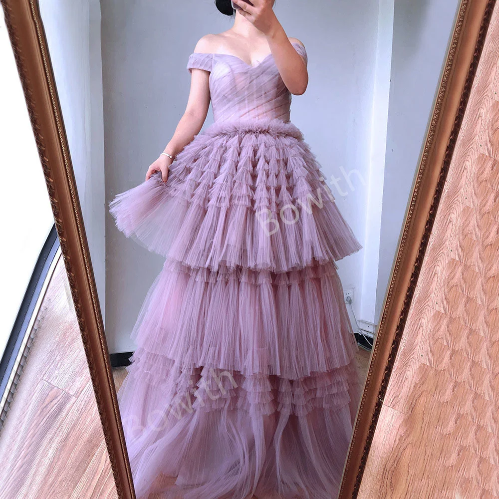 

Bowith Elegant Tulle Evening Dress Off Shoulder Tiered Cake Prom Gown for Ceremony Formal Occasion Gown vestidos de noche