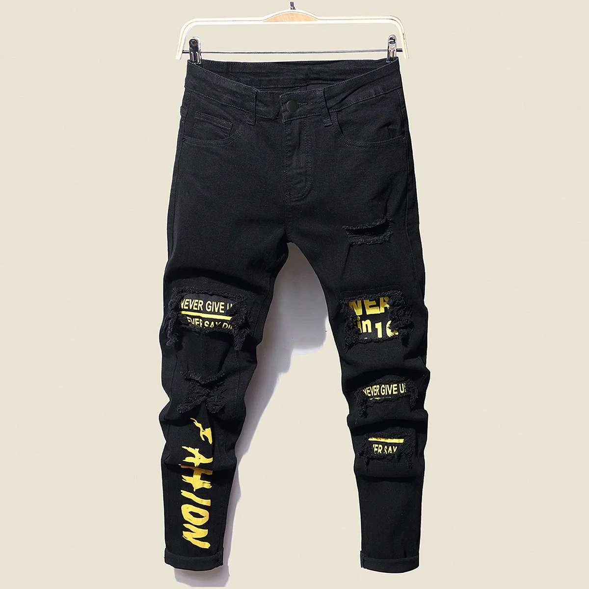 Jean en Denim déchiré extensible pour hommes, coupe Slim, pantalon droit, taille élastique, trous Patchwork, déchirures, Streetwear, pantalons décontractés