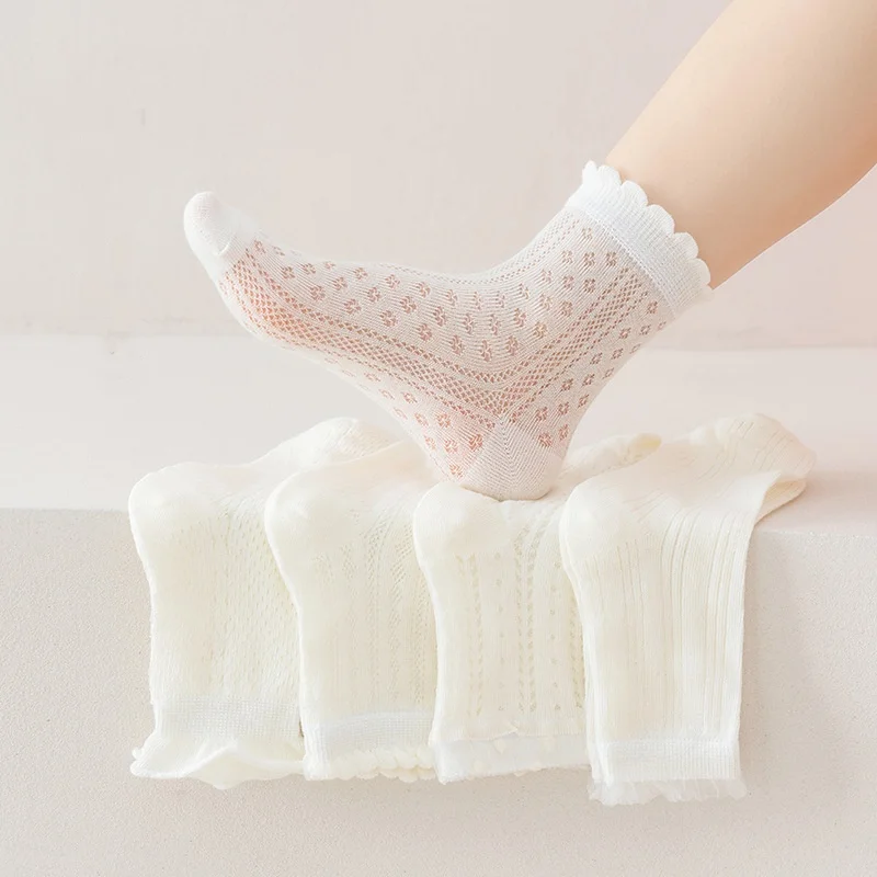 5Pairs/set Children's Mesh Socks For Girls Summer Thin White  Girl Socks Sweet Fashion Princess Lace Kids Student Sock New 2-12Y
