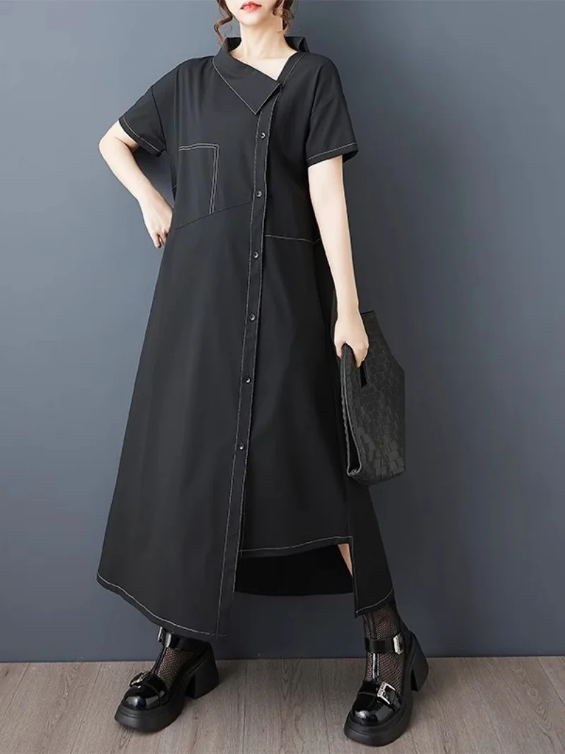 2025 verão estilo escuro único breasted vestido irregular para mulheres solto e elegante fio brilhante tamanho grande camisa vestido w095