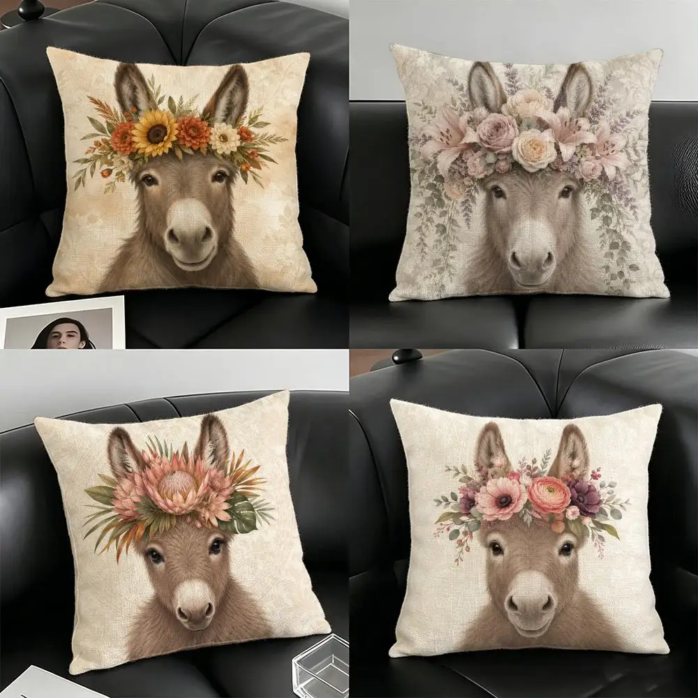 Cute Pretty Donkey Cushion Cover Natural Linen Organic Fabric Double-Sided Printing Breathable For Home Decor