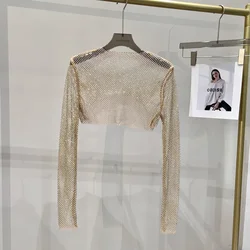 New Sexy Bright Diamond Short Top Slim Fit Women Hot Diamond Long Sleeve T-shirt Sexy Leaky Waist Nightclub Party Club Clothing