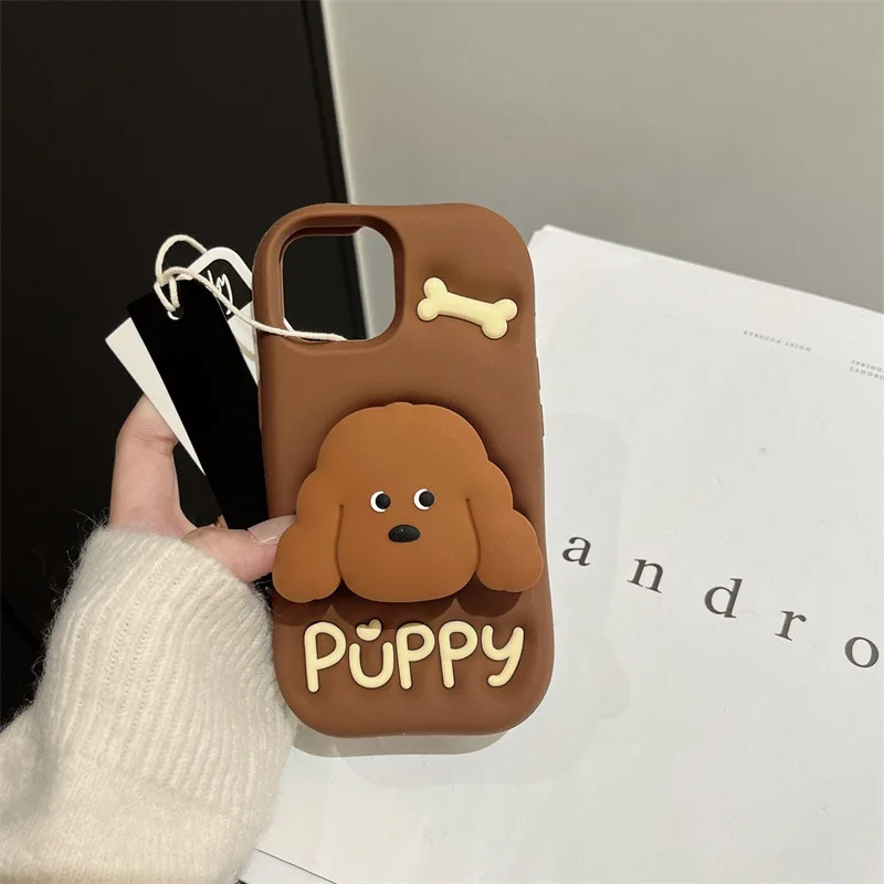 Niedliche Cartoon-Teddy-Welpen-Silikon-Teleskophalterung für iPhone 16, 15, 14, 12, 13, Pro Max, stoßfeste Schutzhülle