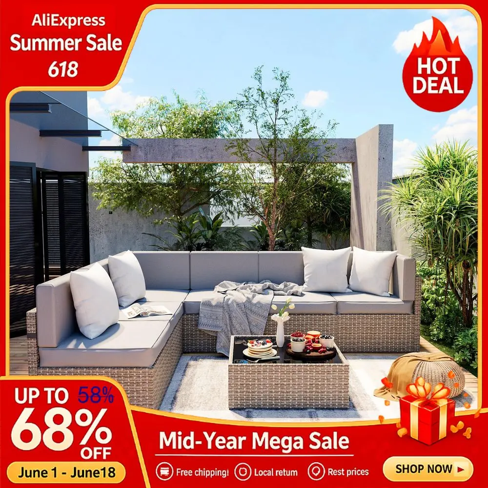

7Piece Outdoor Sectional Furniture Set, AllWeather Wicker Patio Sofa with Washable Cushions,Waterproof Rattan Conversatio,Custom