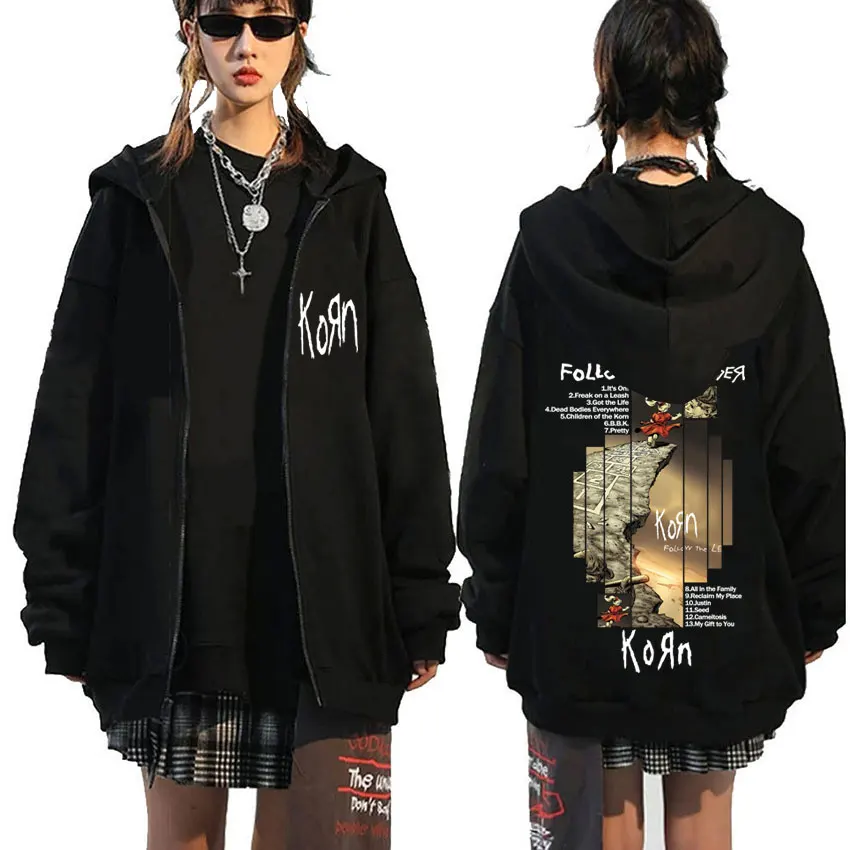 

Rock Band Korn Follow The Leader Album Graphic Zipper Hoodie Men Women Retro Gothic Alternative Metal Oversized Zip Up Jacket