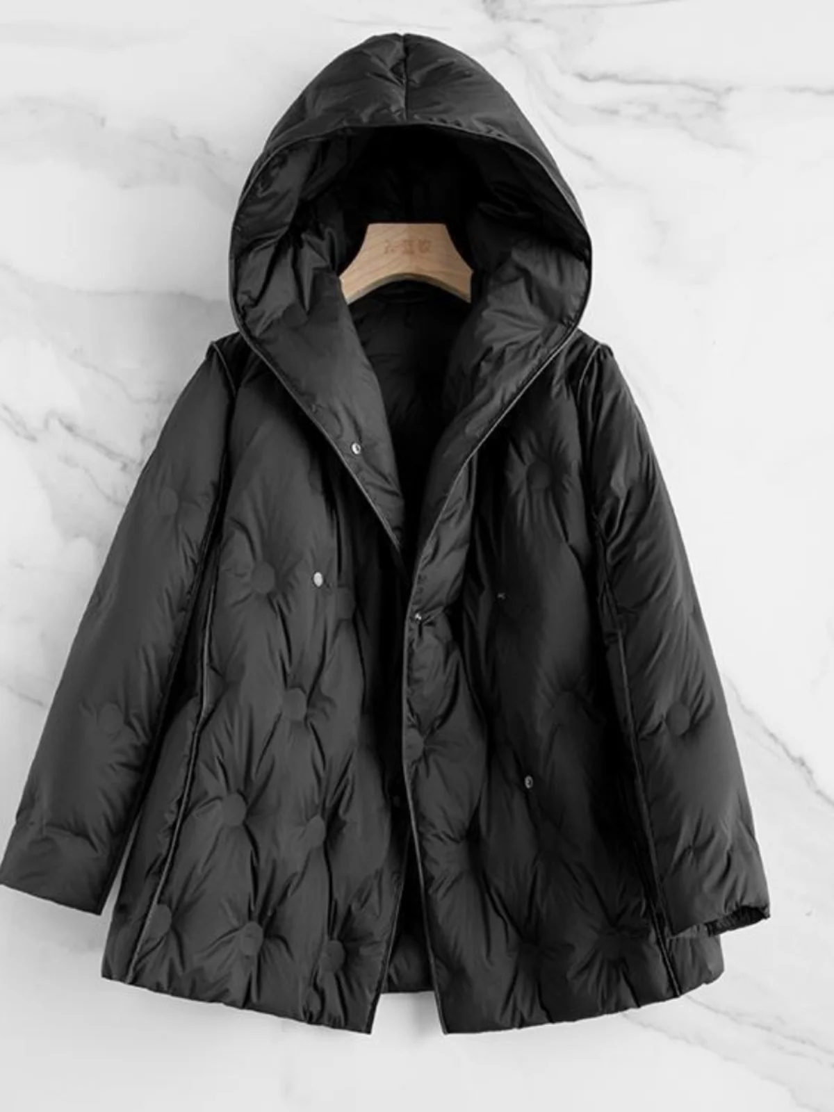 

White Du down Padded Coat with Hood Sl Heat Sed round Dot Pattern Lightweight Soft Outerwear Spring Commute Sle