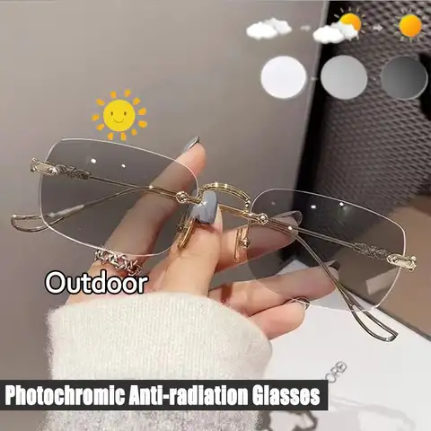 Frameless 빈티지 안경 Photochromic 직사각형 프레임 안경 패션 유행 안티 블루 라이트 광학 안경