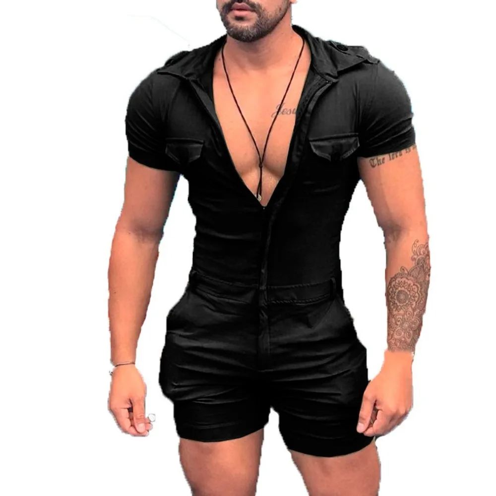 Men\'s Solid Color Hooded Bodysuit Zip Shorts One Piece Set