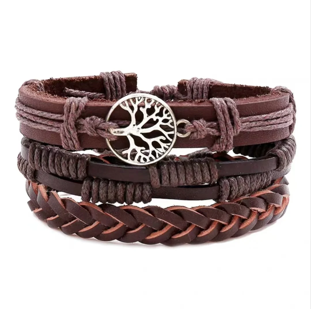 Bracelet For Men New Punk Tree Of Life Bracelet Multi-Layer Black Braided Bracelet Set High-Quality Alloy Leather Bracelet