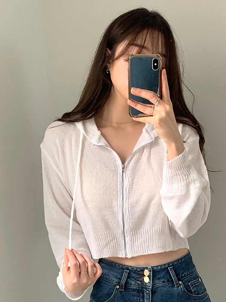 

Women's Long Sve Knitted Zipper Hooded Light Weight Summer Sun Protection ort Cardigan Sexy Design Sensual Top