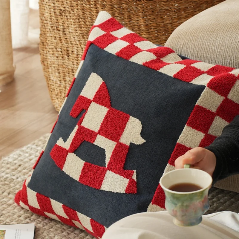 Retro Checkerboard Horse Pattern Tufted Pillow Cover | Red & Navy Plush Cushion Case | Cute Nordic Style Sofa Bedroom Decor