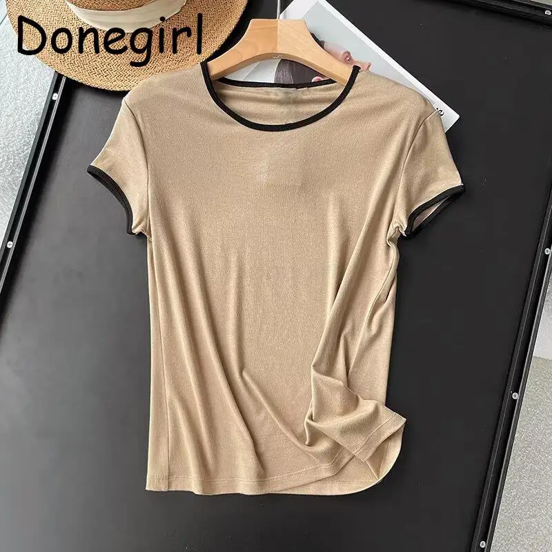 Donegirl 2024 Women Spring Summer New Fashion Short Sleeve Splicing Round Neck T-shirt Commute Versatile Tops Female Chic Tees